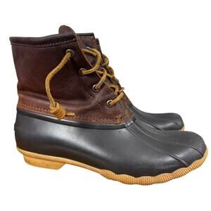 Sperry Saltwater Duck Boots Ankle Brown Leather Lace Up Fleece Lined Shoes sz 8
